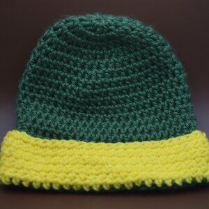 Green Crochet Homemade Hat with Yellow Brim
